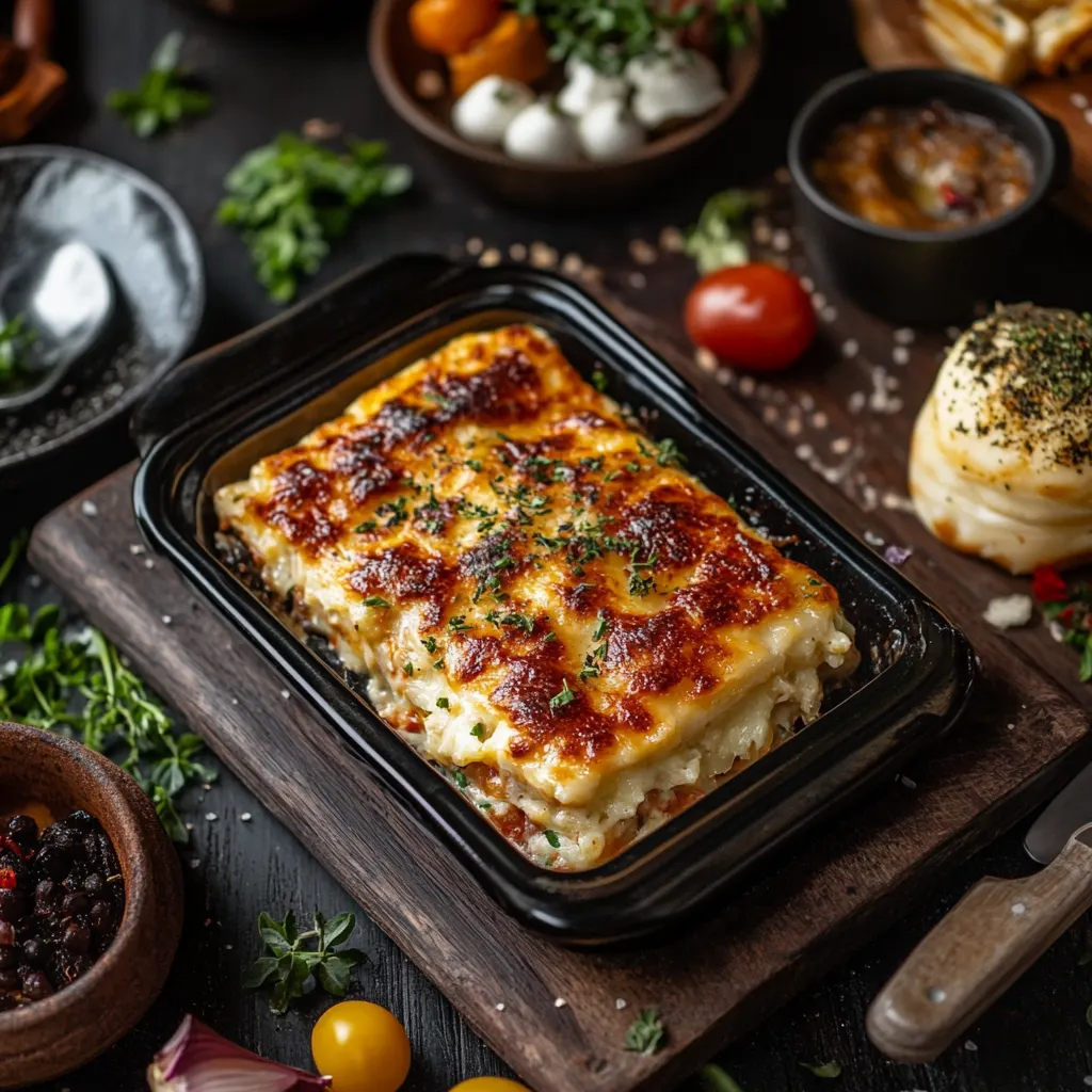 A baked pasta dish photographed on a wooden board, surrounded by fresh ingredients